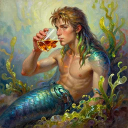 Distinguished Merman drinking the finest whiskey in a glass, Algae. Trending on ArtStation and Pixiv. A vibrant digital oil painting. A highly detailed fantasy character illustration by Wayne Reynolds and Charles Monet and Gustave Dore and Carl Critchlow and Bram Sels