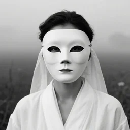 Extreme Close-Up (ECU) vintage black and white portrait photo of a woman dressing in white robes wearing white masks standing in the field, cinematic lighting, cinematic composition, cinematic atmosphere, misty foggy. Vogue photography Sigma 150-600mm f/5-6.3 lens, portrait winning photograph.