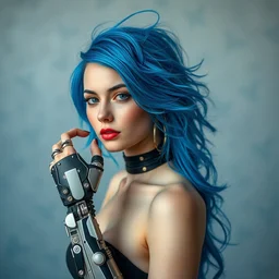 photograph of a beautiful lady with a cybernetic arm and blue crazy hair
