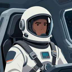 cinematic shot of a scifi space pilot character in a spaceship cockpit by druillet, cool scifi helmet, stylized matte illustration by philippe druillet, highly detailed, sharp focus, clean lines, 8 k