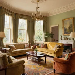a beatiful living room in an old victorian house, extremely detailed, sharp focus, wide view, smooth, digital illustration, colorfull by james jean, by edmund dulac