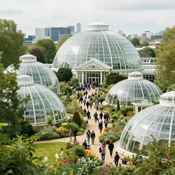 ecological zoo in london with white glass domes, gardens and crowded place, hyperdetailed, artstation, cgsociety, 8 k