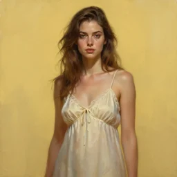 perfectly - portrait of a beautiful female wearing night gown netflix character, gloomy yellow tone, intricate, highly detailed, digital painting, loose brush strokes, realistic shaded lighting, artstation, concept art, smooth, sharp focus, illustration, realism, oil painting, unreal engine 5, 8 k, art by peter mohrbacher and sam spratt
