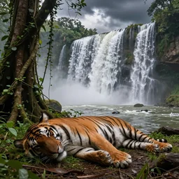 high resolution 4k Tiger sleeping, jungle, waterfall, vines, river, mist Dark sky