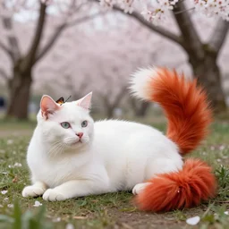 white cat with fluffy red tail like fox tail lying with butterfly at sakura forest, high detailed, hyper realistic, photorealistic, leica 8 5 mm