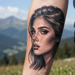 amazing blend effect of a beautiful mountain scenery and a beautiful woman face, tattoo design sketch, hyper - realistic, in the style of matteo pasqualin, amazing detail, black and white