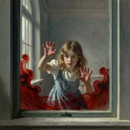 Liminal interior seen through an exterior bloody window with a girl clawing at the window, in the style of Edward Hooper and Vilhelm Hammershøi and Albert Bierstadt