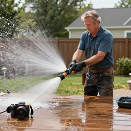 john lithgow power washing his deck, ( sony a 7 r iv, symmetric balance, polarizing filter, photolab, lightroom, 4 k, dolby vision, photography awardm, voque, perfect face )