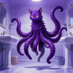 style of steve niles and dean cornwell, yoji shinkawa, purple color theme, cat has spiny ridges tentacles, multiple tails is floating above ground, in bathroom