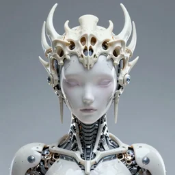 a 4k cinematic full view ethereal android  wearing an intricate mecha cyberpunk bone crown , Unreal Engine 5, God Rays, Lumen, by Peter Mohrbacher, by Ruan Jia, by Greg Rutkowski, by Leonardo Da Vinci, detailed and realistic, poetic and symbolic,  rule of thirds, golden ratio, Trending on Artstation