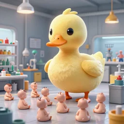 A giant duck works in a factory full of human babies on the floor, digital art, highly detailed
