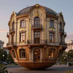 hyperrealistic photograph of a luxurious art nouveau apartment within a wooden sphere beautifully lit during the magic hour, facade has ancient calligraphy in gold, by adolf johann hoeffler 8 k 3 d 8 k resolution deviantart flickr unreal engine by dan mumford, by dan witz, by anna mill, by silvia pasqualetto