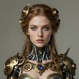 Head and shoulders masterpiece portrait of Lana Rhoades as a steampunk beautiful goddess, she half human and half robot, she is embellished with few gears wheels and gemstones, by William Holman Hunt, Greg Rutkowski, Stanely Artgerm, Tooth Wu, Peter Gric, Aaron Horkey, trending on Artstation, digital art, mythological, symmetrical artwork, cinematic lighting, hyper realism, high detail, octane render, ultra realistic, golden ratio, 4k, 8k