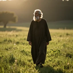 old prophet wandering about a meadow. silhouetted. harsh sunlight. radiant glow. backlighting.