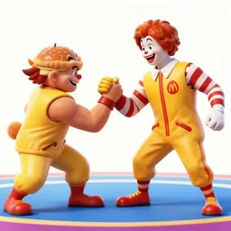 Ronald McDonald winning in an arm wrestling match against Hamburglar, 4k, digital art, artstation, hyperrealism