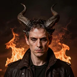 Carl Sagan is Satan, portrait. evil. horns. flames