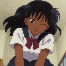 dark skin, anime cell shaded, anime tanned girl wearing school outfit looking down towards camera, winking at camera from the top, looking towards the camera, low angle, low angle, low viewpoint, low angle, bottom upwards view