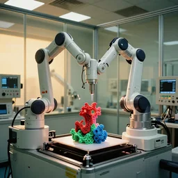 a complex bifurcated robotic cnc surgical arm cybernetic symbiosis hybrid mri 3 d printer machine making red green blue organic ceramic fractal forms in a glass room laboratory room with control panels, golden hour lighting, film still from movie, wide lens, f 3 2,