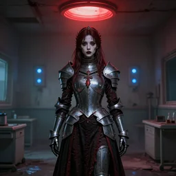 imperial princess knight gothic girl standing on an abandoned hospital room with red ceiling lighting and several blue lights on the walls, gloomy and foggy atmosphere, octane render, artstation trending, horror scene, highly detailded