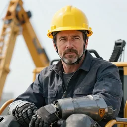 closeup portrait of mecha bryan cranston with construction crane arms, yellow hardhat, sitting in a crane, natural light, bloom, detailed face, magazine, press, photo, steve mccurry, david lazar, canon, nikon, focus