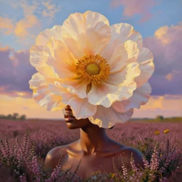 closeup, a giant flower as the head, an african woman in heather field, surreal photography, golden hour, colorful clouds, impressionist painting, digital painting, artstation, simon stalenhag