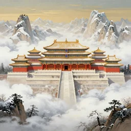 a beautiful painting of one huge ancient chinese palace on the snow - capped mountains, clouds