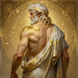 painted back portrait of rugged zeus greek god by greg rutkowski craig mullins artgerm alphonse mucha, messy dripping gold, white hair handsome muscular upper body mature flowing robe [ ancient greek motifs ] background fantasy intricate elegant detailed digital painting concept art artstation sharp focus illustration