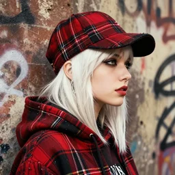 highly detailed 3 / 4 profile portrait of an new york sewer punk lady student, eyes, tartan hoody, hat, white hair by ( ( atey ghailan ) ), by greg tocchini, by kaethe butcher, by james gilleard, gradient red, black, brown, cream and white color scheme, grunge aesthetic!!! ( ( graffiti tag wall ) )