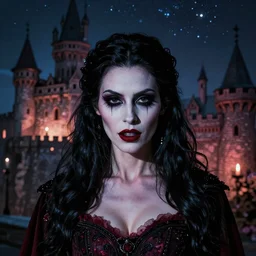 Portrait of a Riveting vampire woman!, atmospheric-lighting, gothic makeup, intricate, Transylvanian castle, volumetric lighting, beautiful, starlit sky, sharp focus, ultra-detailed, by Tom Bagshaw Leesha Hannigan, Ross Tran, Thierry Doizon, Kai Carpenter, Ignacio Fernández Ríos