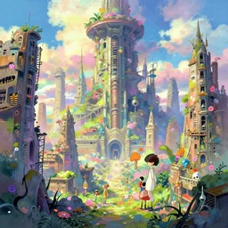 a vibrant emotional digital 3 d cg of dystopian post - apocalyptic abandoned city, studio ghibli, pixar and disney animation, sharp, disney concept art maximalist splatter paint illustration by shinji kimura and alphonse mucha and alena aenami, iridescent pastel color palette, bloom!!, dramatic lighting