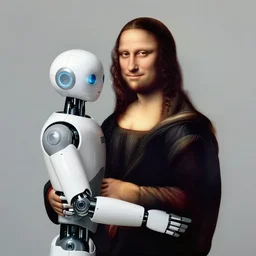 leonardo davinci hugging an ai robot professional photoshoot