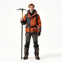 young mountaineer with ice axe, photorealistic portrait photography, full body, standing, isolated on a pure white background, centered, whole figure in frame, sharp focus, studio lighting
