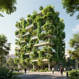 green building designed by stefano boeri with trees and people walking, cinematic, ray traced, octane render, cinematic lighting, vfx film, ultrarealistic, featured on artstation, 8 k