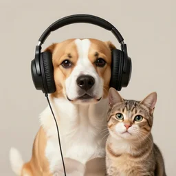 a dog and cat wearing headphones smiling, 8 k resolution, digital art, serene, marco lens, by greg rutkowski, wlop, artgerm, artstation