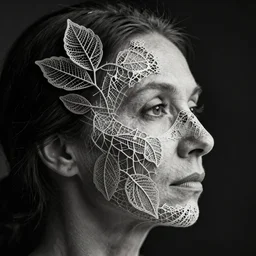 a 5 0 year old woman's face in profile, made of intricate decorative lace leaf skeleton, in the style of the dutch masters and gregory crewdson, dark and moody, depth of field