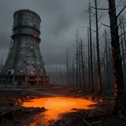 a panoramic matte painting, on the left a towering abandoned nuclear plant, in the center a glowing neon orange pool puddle of radioactive sludge, on the right a forest of dead trees and black tree trunks, digital concept art by Simon Stalenhag, Beeple, Jeffrey Smith, Unreal Engine, 8k HDR