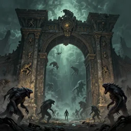 A big Abyss Gate, from where the monsters are coming, style by Tyler Edlin and Zdzisław Beksiński and Greg Rutkowski, suspense, dark colours, beautiful, detailed, trending on artstation, award-winning