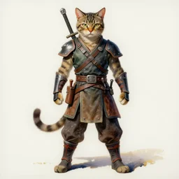 a oil / watercolor painting full body character portrait of an humanoid cat martial artist / mercenary in the style of moebius in the style of leonard boyarsky trending on artstation deviantart pinterest detailed photorealistic highlights and shadow hd 8 k post - processing high resolution