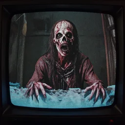 movie frame still from live action alone in the dark, 8 k, vhs glitch, old tv, ultra wide angle, high contrast, zenith view, greg rutkowski, intrincate, highly detailed, ilm, oscar winning photography, grain, dramatic lighting, greg nicotero, horrifying movie, nightmare fuel, horror movie