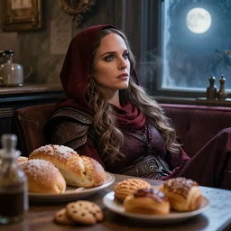 closeup of Natalie Portman as a bloodborne hunter relaxing in a cozy yharnam coffee shop, surrounded by bread, cookies, and pastry, moonlight streaming through the window, faint dust in the air, DSLR photo, 4k