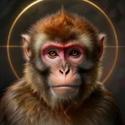 realistic detailed face portrait of a holy monkey with a halo, gothic, rich, many colors