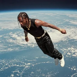 Travis Scott floating over Earth, 4k, Aubrey Powell, vintage photo, beautiful cinematography, surreal, film grain