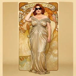 full body portrait of sexy mature big chubby beautiful woman wearing sunglasses by Alphonse Mucha