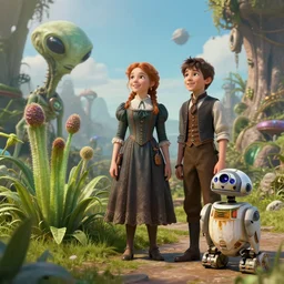 in a steampunk world, a girl and a boy standing next to some alien plants, looking happy, wearing victorian clothes, their pet droid is nearby, in a park on a alien planet, ultra realistic facial details, enhanced faces, ultra photorealistic raytracing, trending on artstation, 8k