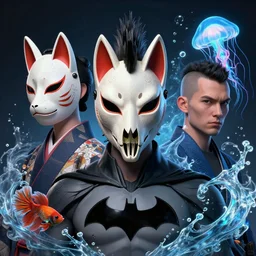 jansen ackles as batman, 3 d portrait punk with mohawk with goat skull. beautiful intricately detailed japanese crow kitsune mask and clasical japanese kimono. betta fish, jellyfish phoenix, bio luminescent, plasma, ice, water, wind, creature, artwork by tooth wu and wlop and beeple and greg rutkowski