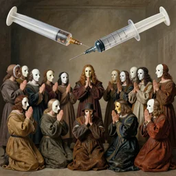 renaissance style, mass group of people in masks praying to a giant syringe.