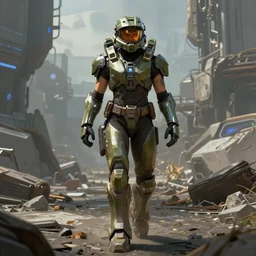 a female body builder walking in a cyberpunk wasteland facing the camera, mjolnir armor from halo infinite, no helmet!!!!, attractive female face!!!, enhance face, ultra realistic, very highly detailed, 8K, halo infinite!!, bioware anthem video game, octane render, Digital painting, concept art, illustration, sharp focus, centered, good value control, realistic shading, rational painting