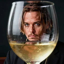 still of johnny depp face on a large glass of wine