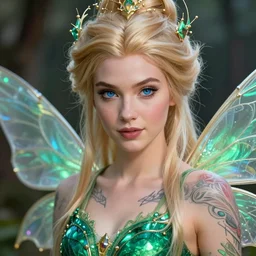 a close - up of beautiful tattooed blonde fairy wearing a magical emerald leotard in disney land, hyper realistic face, blue eyes, fantasy art, in the style of greg rutkowski, illustration, epic, fantasy, intricate, hyper detailed, artstation, concept art, smooth, sharp focus, vibrant
