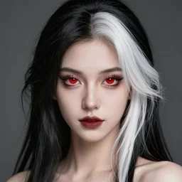 Digital portrait of a beautiful half-elf half-vampire young woman. Her hair have black and white strands. Red irises, vertical pupils. Award-winning digital art, trending on ArtStation